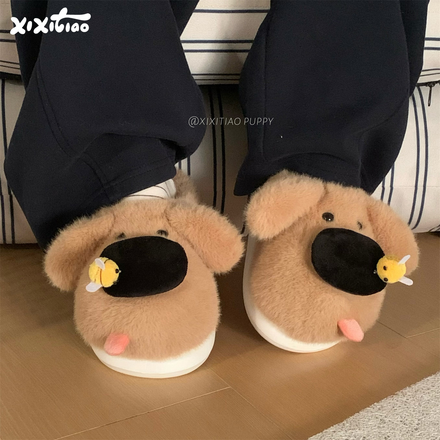 细细条 可爱毛毛鞋男女家居软底被蜜蜂蛰的大鼻狗狗情侣棉拖鞋冬,居家布艺,居家棉拖/棉鞋,淘宝优惠券,粉丝福利购,淘宝优惠卷