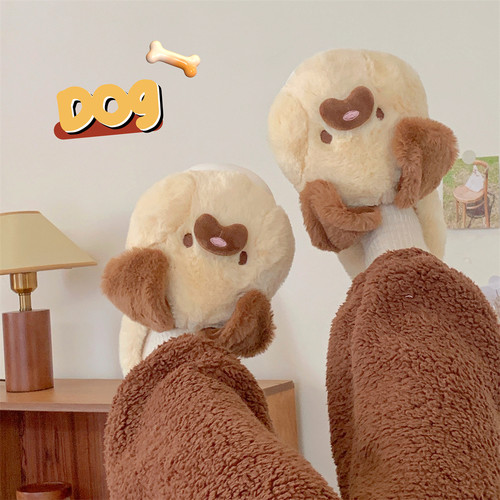 细细条卡通狗狗居家保暖棉拖鞋