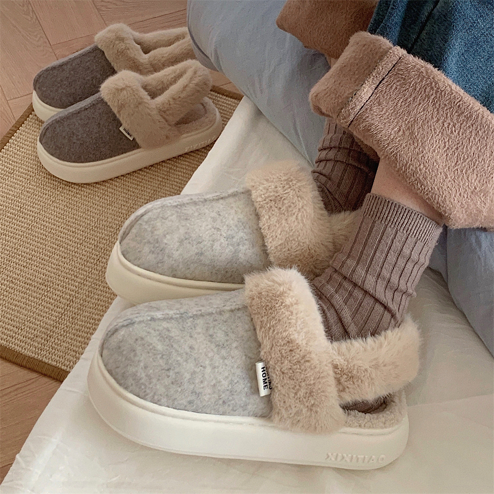 细细条复古时尚室内保暖棉拖鞋