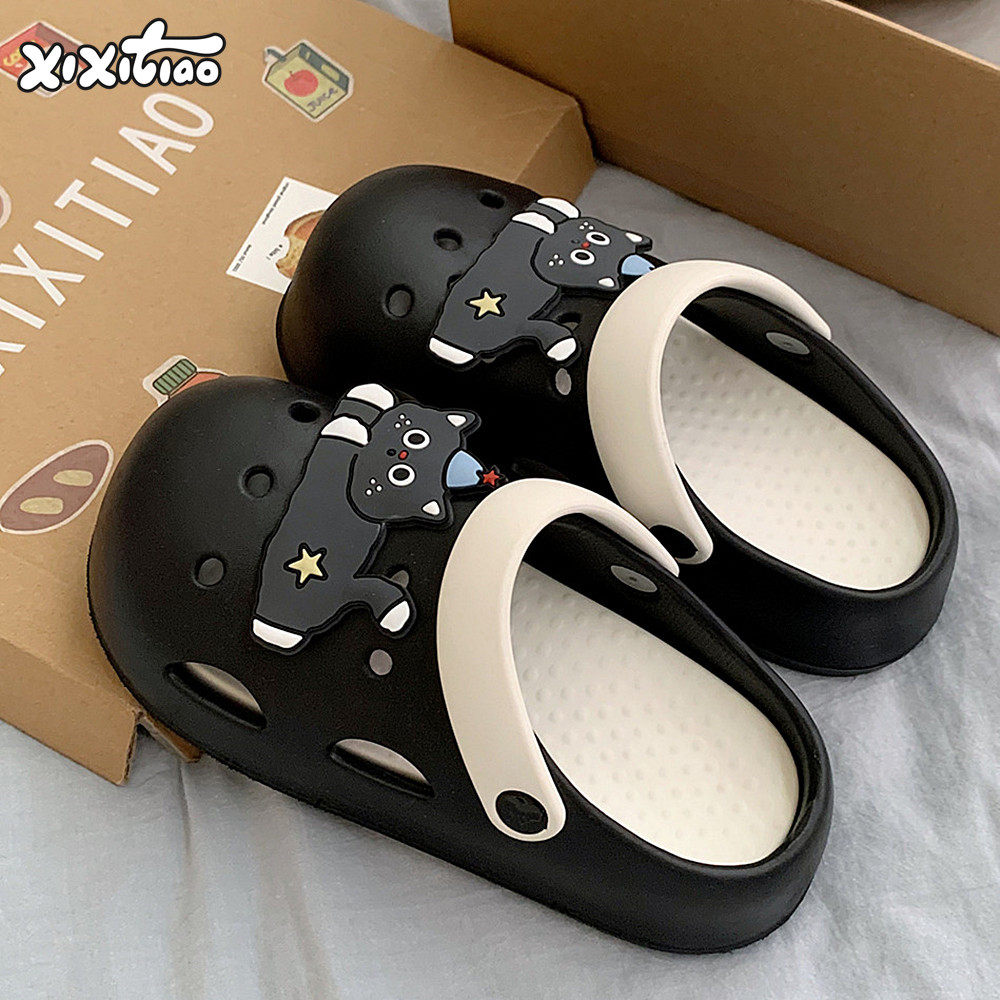 细细条 夏季新款趣味洞洞鞋女EVA软底个性星星灰猫户外包头凉拖鞋