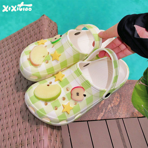 细细条多巴胺拼色格子沙滩凉拖