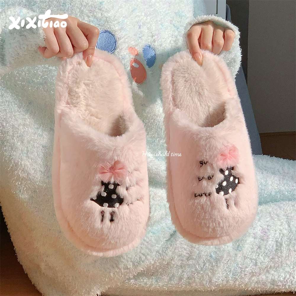 细细条蝴蝶结波点裙女孩棉拖鞋