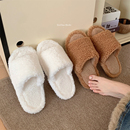 保暖平底女学生室内棉拖鞋 冬季 复古风简约百搭羊羔毛棉鞋 细细条