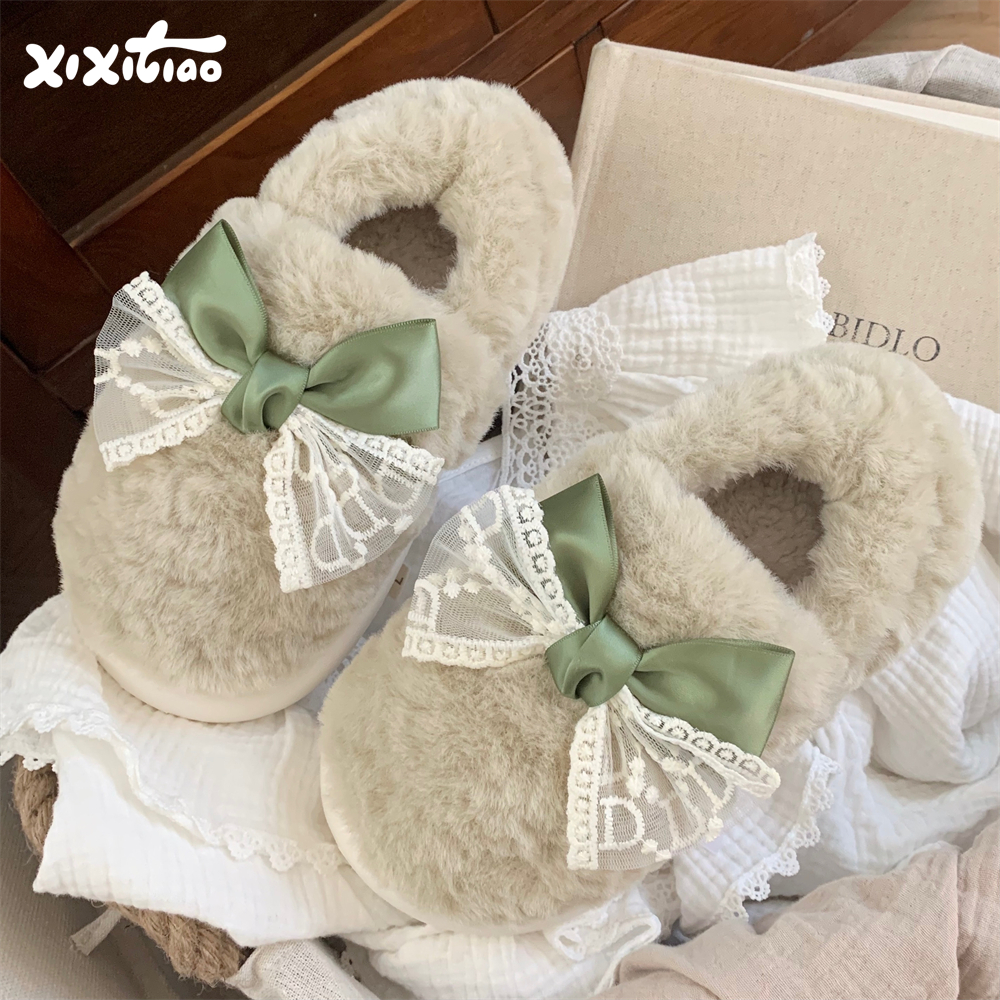 细细条甜美蕾丝蝴蝶结情侣棉拖鞋