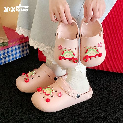 细细条沙滩可爱红苹果凉拖鞋