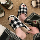 女室内防滑棉麻吸汗春夏透气地板鞋 细细条 复古撞色格子亚麻拖鞋