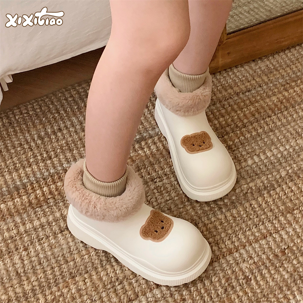 细细条毛绒领口可拆卸雪地靴