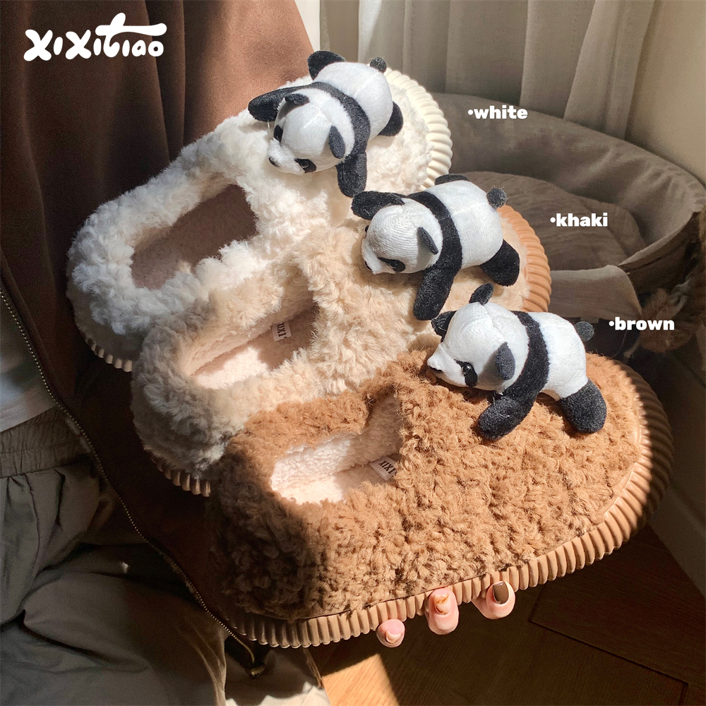 细细条软萌趴趴熊猫毛毛鞋棉鞋