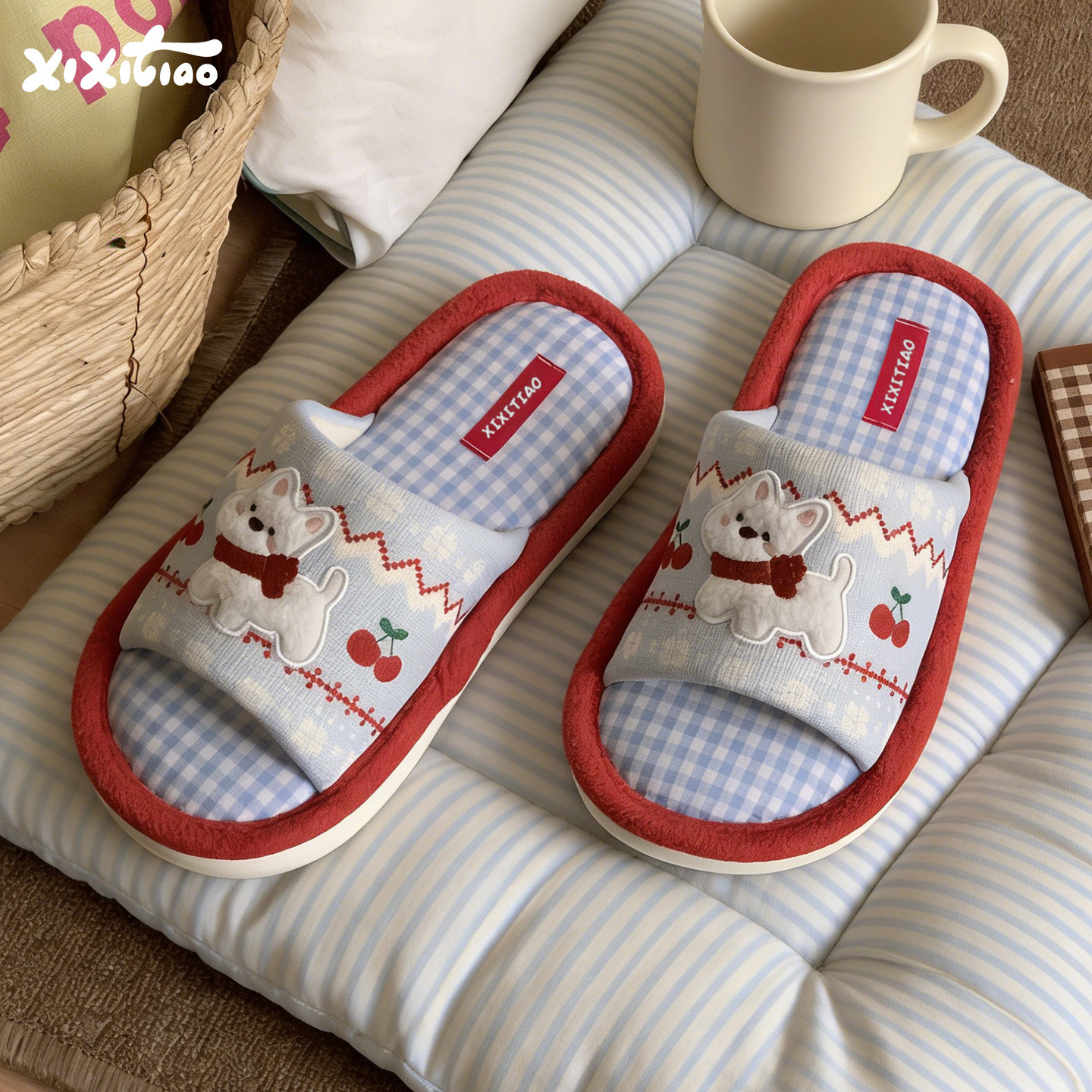 细细条 西高地小狗可爱棉布艺拖鞋女软底吸汗透气四季防滑地板鞋