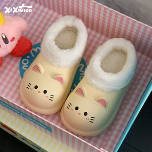 细细条 防水小猫爪棉拖鞋女保暖防滑居家月子鞋冬可爱外穿厨师鞋