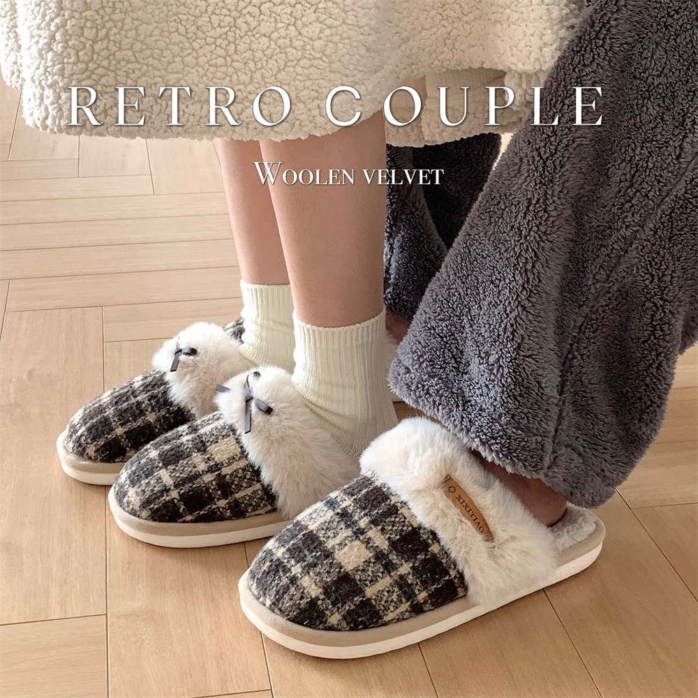 细细条 情侣棉拖鞋冬季韩系居家用防滑保暖格子蝴蝶结毛毛鞋男女,居家布艺,居家棉拖/棉鞋,淘宝优惠券,粉丝福利购,淘宝优惠卷