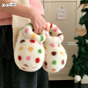 细细条 创意趣味彩色波点雪地靴女冬户外穿保暖防滑大头短筒棉靴
