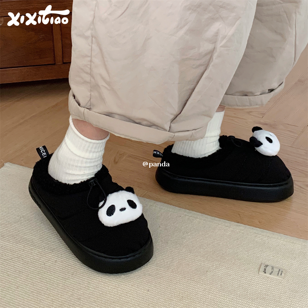 细细条 情侣日系休闲家居月子鞋保暖可爱熊猫冬季加绒棉拖鞋男女