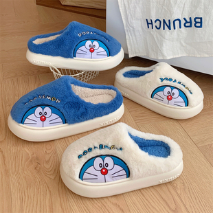 室内居家保暖卡通哆啦A梦情侣毛毛鞋 男女冬季 叮当猫棉拖鞋 细细条