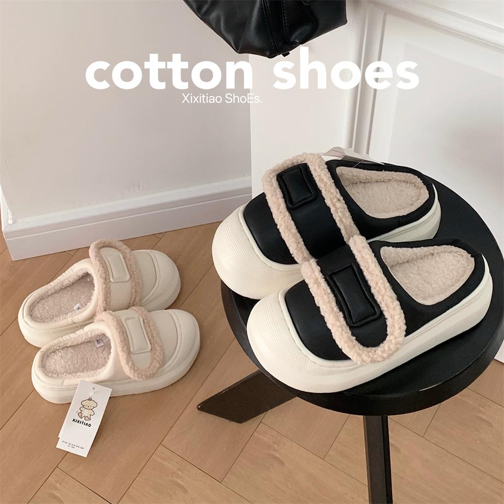 细细条仿魔术贴女士外穿棉拖鞋