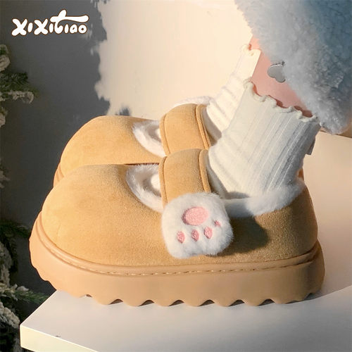 细细条可爱猫爪魔术贴圆头豆豆鞋