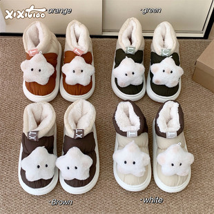 雪地靴男女 保暖加绒街头风撞色冬季 细细条 立体毛绒星星情侣棉鞋