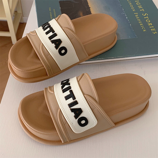 街头风百搭网红拼色凉拖鞋 细细条 夏季 外穿厚底增高一字拖鞋 时尚