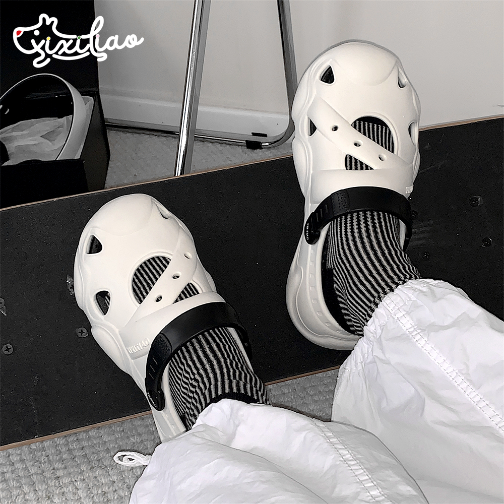 细细条潮酷拼色包头情侣洞洞鞋