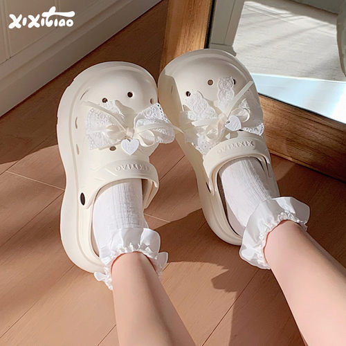细细条爱心蝴蝶结厚底洞洞鞋女