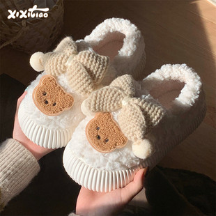 学生外穿面包鞋 少女心蝴蝶结小熊冬季 女ins 软底羊羔毛棉鞋 细细条