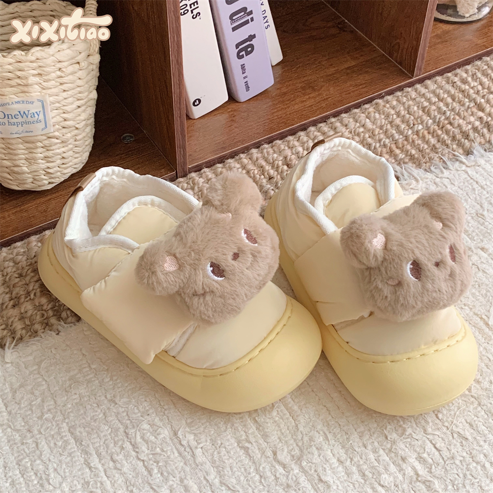 细细条毛绒小熊可爱圆头面包棉鞋
