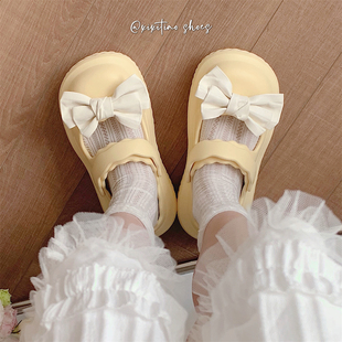 细细条 日系奶黄色可爱蝴蝶结凉鞋 女夏季 学生外穿甜美两穿凉拖鞋