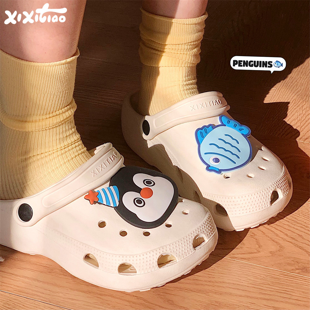 细细条企鹅小鱼外穿沙滩凉拖鞋