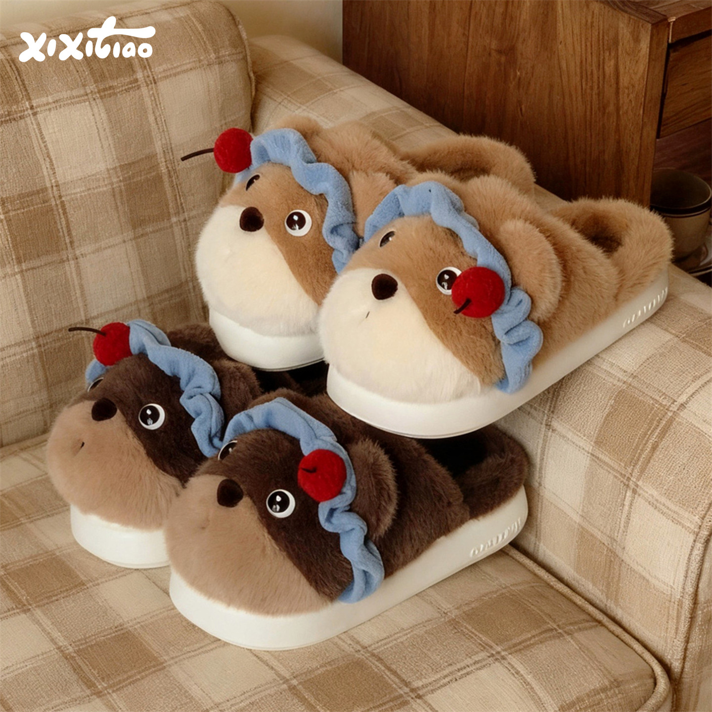 细细条 冬季少女心毛毛月子鞋女软萌小熊保暖防滑学生居家棉拖鞋,居家布艺,居家棉拖/棉鞋,淘宝优惠券,粉丝福利购,淘宝优惠卷