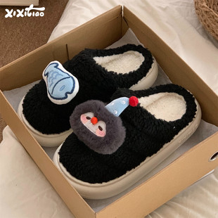 细细条 情侣ins企鹅小鱼羊羔毛棉拖鞋防滑保暖可爱冬季月子鞋男女