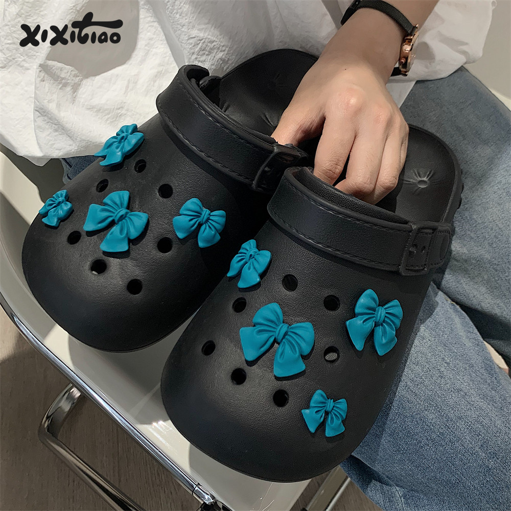 细细条网红蓝色蝴蝶结洞洞鞋女