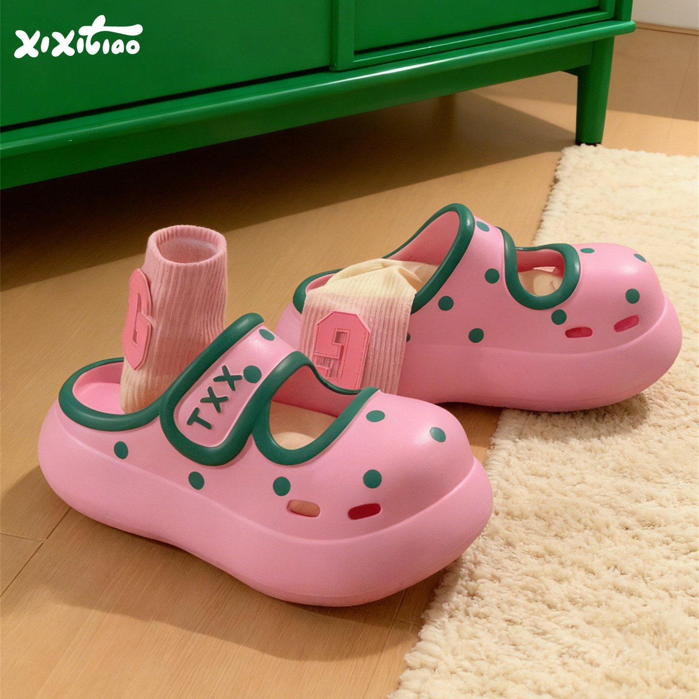 细细条 女夏eva厚底玛丽珍凉拖洞洞鞋户外防滑多巴胺可爱波点沙滩