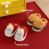 男女 冬保暖亲子一家三口居家鞋 细细条 ins可爱汉堡薯条儿童棉拖鞋