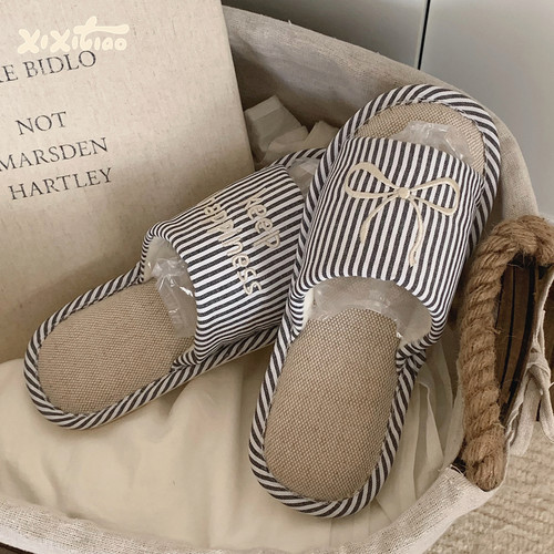 细细条韩系甜美蝴蝶结亚麻拖鞋