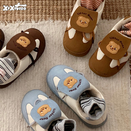 细细条防滑软萌小熊保暖棉鞋ins
