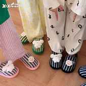 细细条 情侣趣味撞色条纹居家毛毛保暖可爱小兔爪子棉拖鞋 男女冬