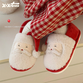 全包跟可爱情侣毛毛鞋 ins新款 圣诞老人秋冬季 细细条 保暖棉鞋 男女