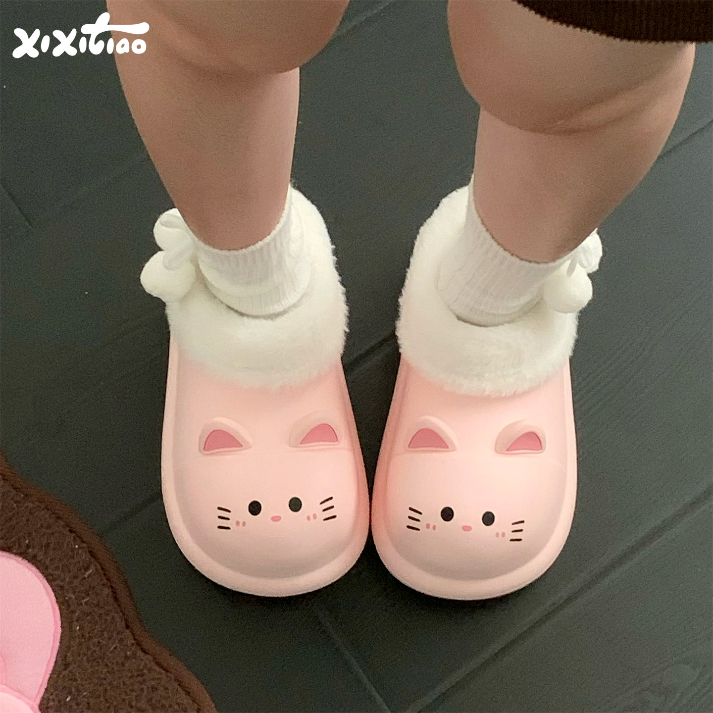 细细条可爱小猫爪防水棉拖鞋女