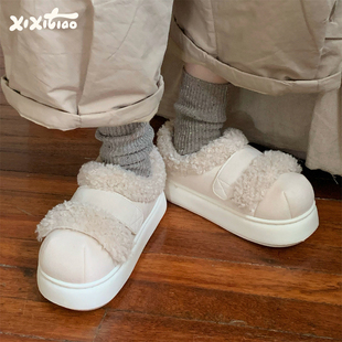 羊羔毛面包鞋 小白鞋 女冬季 休闲百搭防滑保暖毛绒板鞋 韩版 细细条