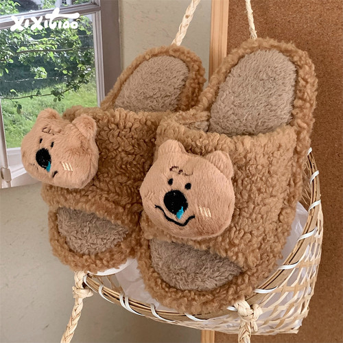 细细条可爱小熊休闲一字棉拖鞋