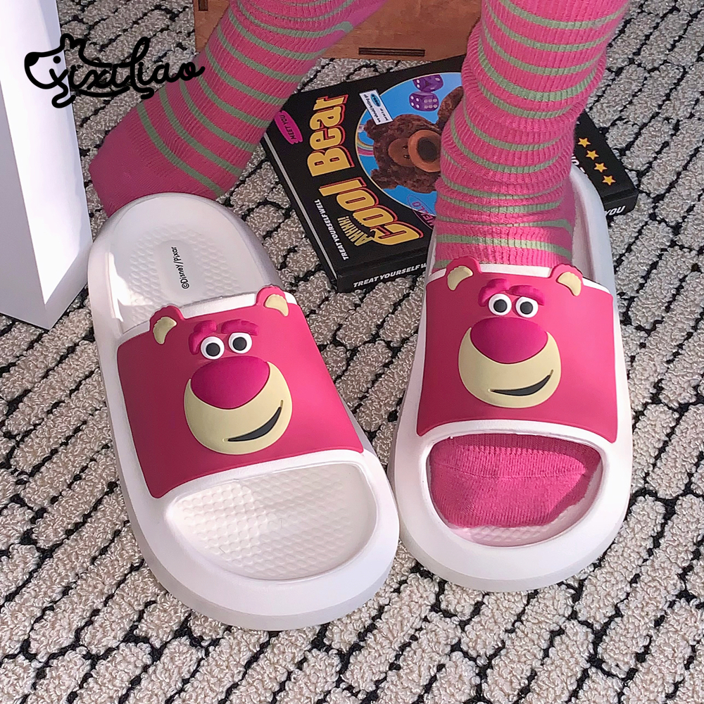 细细条可爱草莓熊亲子厚底凉拖鞋