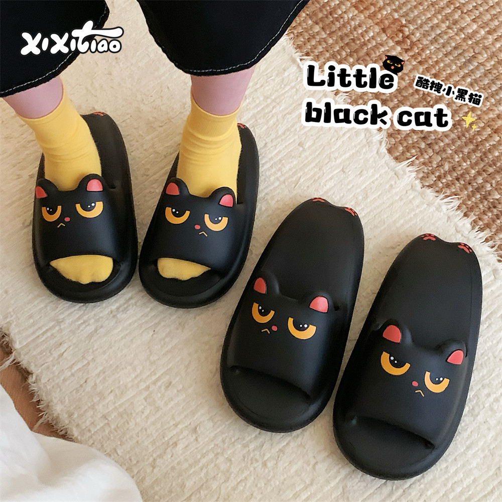 细细条个性生气小黑猫厚底凉拖