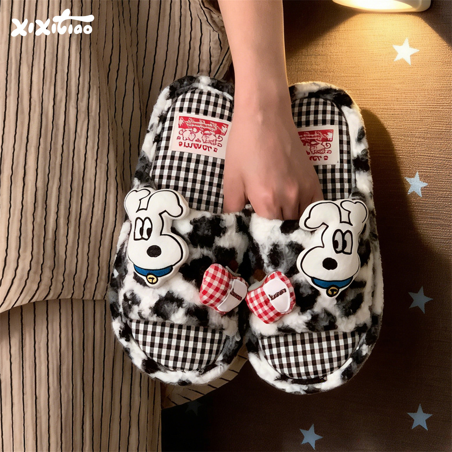 细细条 四季通用豹纹小狗情侣地板鞋ins家居防滑一字棉麻拖鞋男女