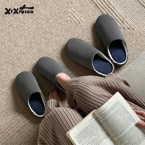 细细条ins简约黑白条纹地板鞋