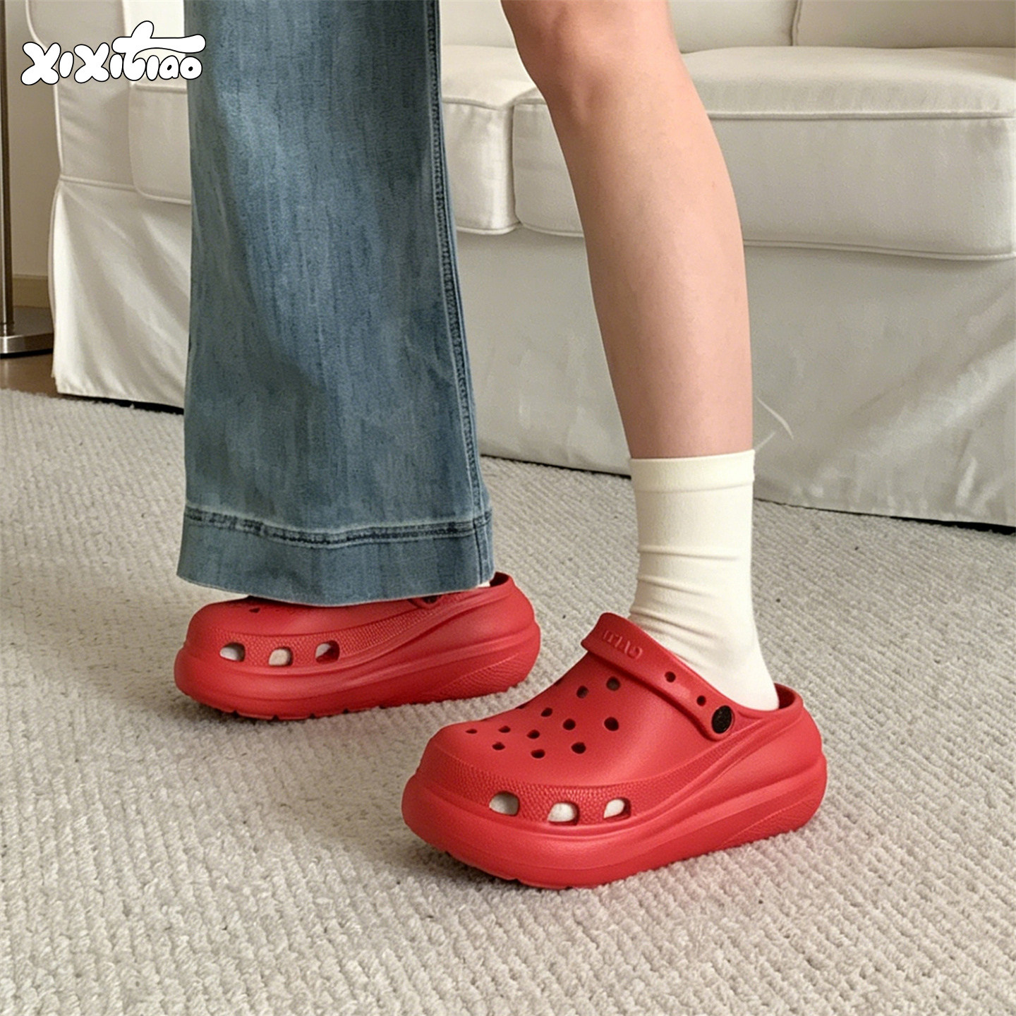 细细条 红色洞洞鞋女足弓支撑增高防滑包头拖夏季本命年外穿凉拖