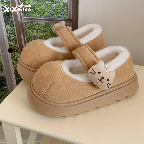 细细条少女心ins咖色小猫豆豆鞋