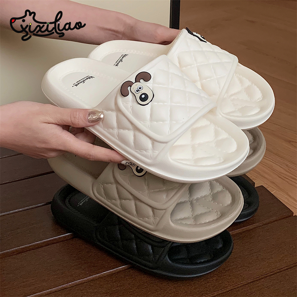 细细条卡通狗狗踩屎感菱格凉拖鞋