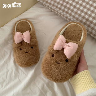 居家静音地板防滑可爱毛毛鞋 女学生冬季 蝴蝶结小熊棉拖鞋 细细条