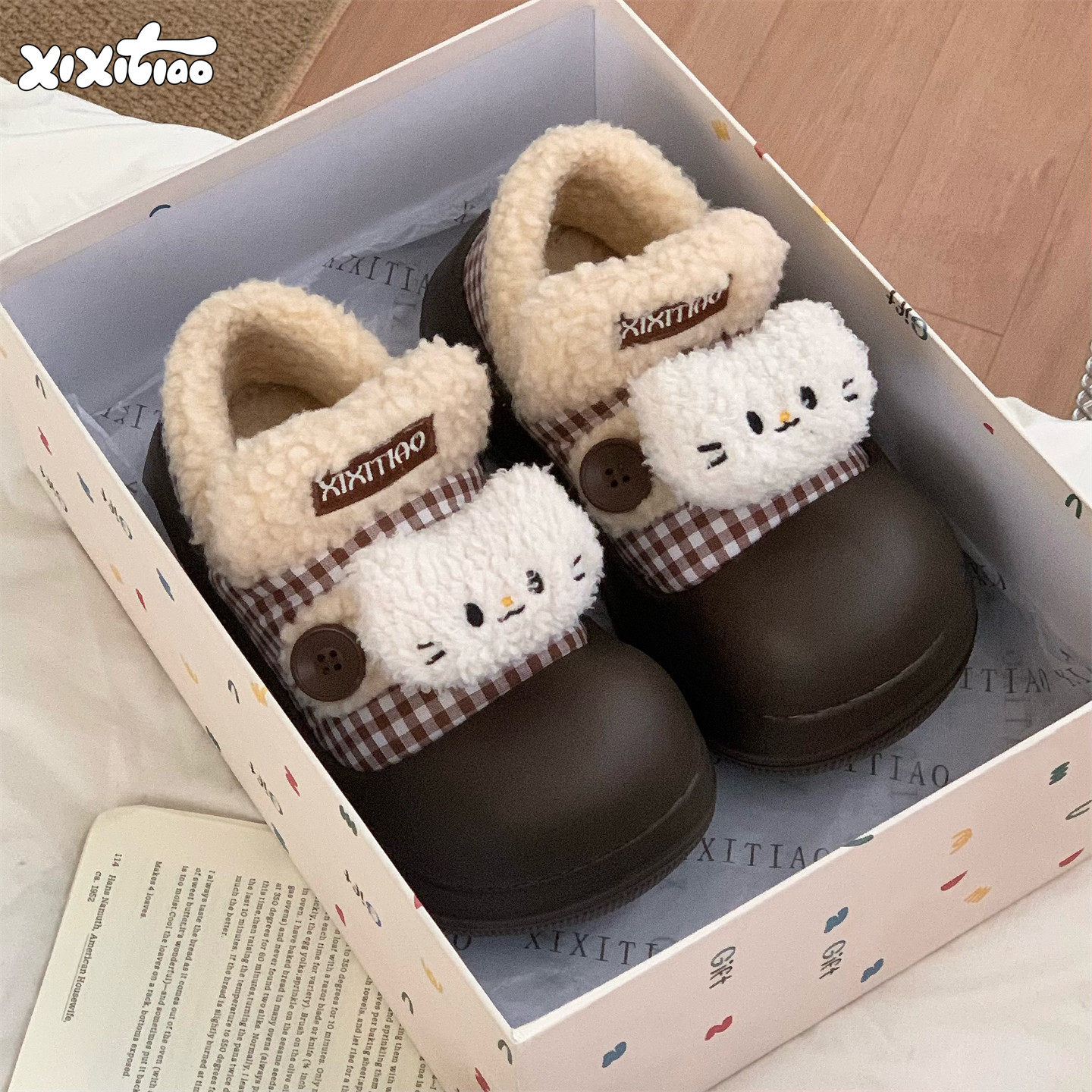 细细条 卡通小猫咪乐福豆豆鞋女外穿防滑厚底冬季棉鞋可爱面包鞋,居家布艺,居家棉拖/棉鞋,淘宝优惠券,粉丝福利购,淘宝优惠卷