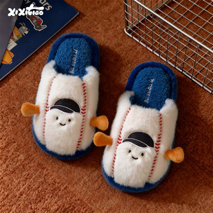 毛毛鞋 男女冬家居防滑保暖可爱个性 ins 趣味情侣棒球棉拖鞋 细细条